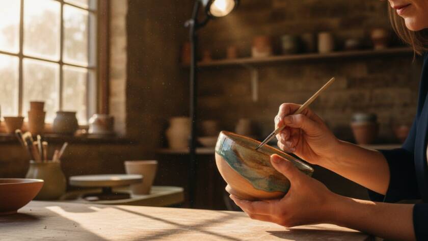 An artisan carefully places a handcrafted ceramic vase on a natural timber pedestal, dramatically lit by a single spotlight in a rustic Heathmont studio, representing Heathmont product photography for artisan brands.