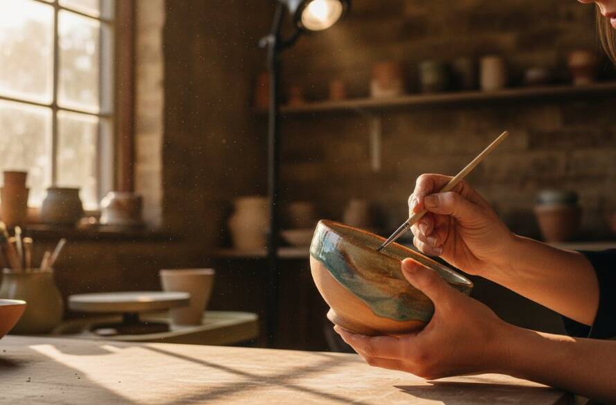 An artisan carefully places a handcrafted ceramic vase on a natural timber pedestal, dramatically lit by a single spotlight in a rustic Heathmont studio, representing Heathmont product photography for artisan brands.