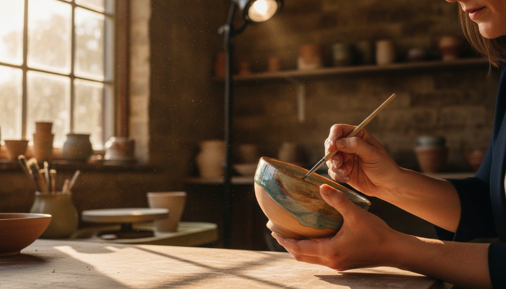 An artisan carefully places a handcrafted ceramic vase on a natural timber pedestal, dramatically lit by a single spotlight in a rustic Heathmont studio, representing Heathmont product photography for artisan brands.