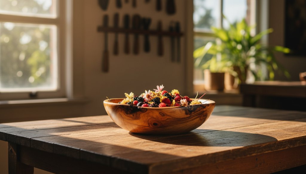Dramatic close-up photograph of a handcrafted ceramic vase with intricate patterns, expertly lit to highlight its texture, set against a softly blurred background hinting at Heathmont's leafy surrounds, showcasing professional product photography for artisan goods.