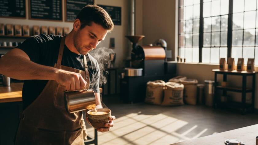Heathmont Small Business Advertising Photography Solutions capture an artisan coffee roaster dramatically presenting a freshly brewed cup amidst a bustling Heathmont cafe, with warm, inviting light.