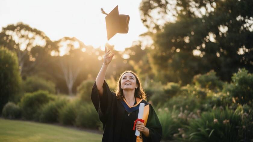 A beaming graduate in Heathmont celebrating their achievement with a vibrant, professional Heathmont VCE graduation photography shot, cap in the air, against a subtly blurred backdrop of a scenic Heathmont park at sunset, conveying immense joy and accomplishment.