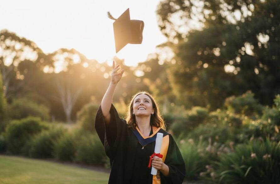 A beaming graduate in Heathmont celebrating their achievement with a vibrant, professional Heathmont VCE graduation photography shot, cap in the air, against a subtly blurred backdrop of a scenic Heathmont park at sunset, conveying immense joy and accomplishment.