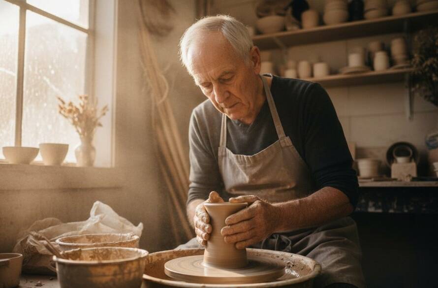 A dynamic long-exposure shot capturing the energy of Heathmont Victoria commercial photography storytelling, featuring a local artisanal baker intensely focused on decorating a cake in a warmly lit, rustic kitchen, showcasing dedication and craftsmanship, with dramatic overhead light highlighting the intricate details.