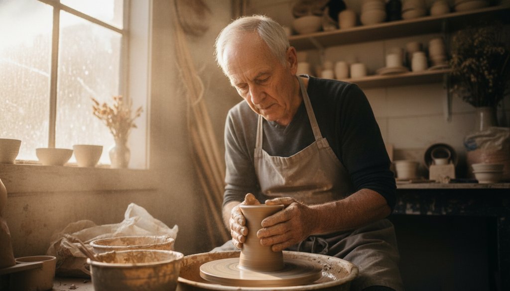 A dynamic long-exposure shot capturing the energy of Heathmont Victoria commercial photography storytelling, featuring a local artisanal baker intensely focused on decorating a cake in a warmly lit, rustic kitchen, showcasing dedication and craftsmanship, with dramatic overhead light highlighting the intricate details.