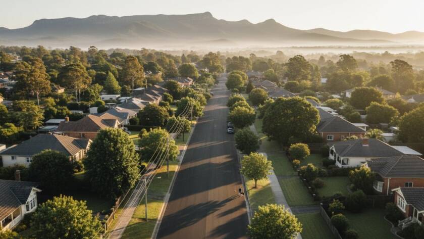 An epic drone photography shot showcasing Heathmont Victoria scenic views at sunrise, with golden light illuminating Dandenong Ranges in the background and a serene residential area below, captured with professional cinematic grading.