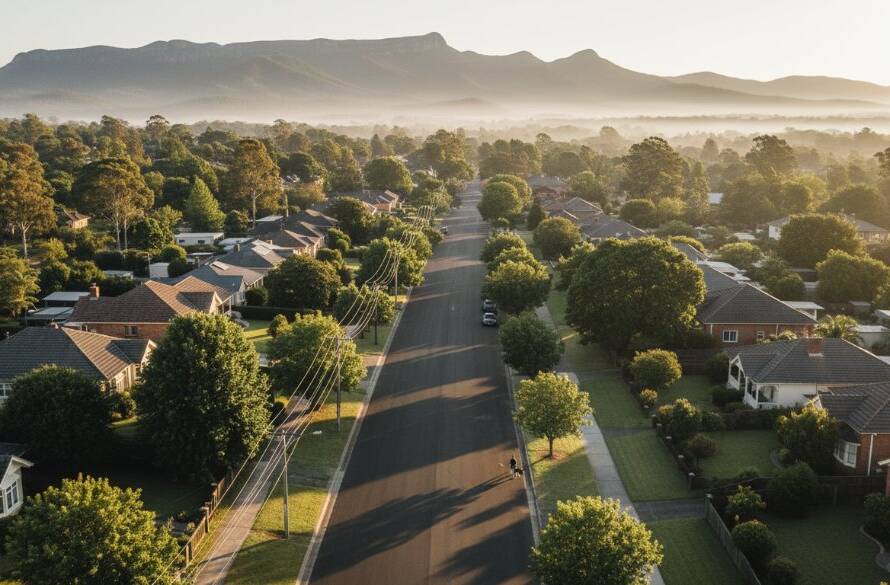 An epic drone photography shot showcasing Heathmont Victoria scenic views at sunrise, with golden light illuminating Dandenong Ranges in the background and a serene residential area below, captured with professional cinematic grading.