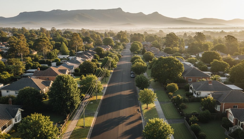 An epic drone photography shot showcasing Heathmont Victoria scenic views at sunrise, with golden light illuminating Dandenong Ranges in the background and a serene residential area below, captured with professional cinematic grading.