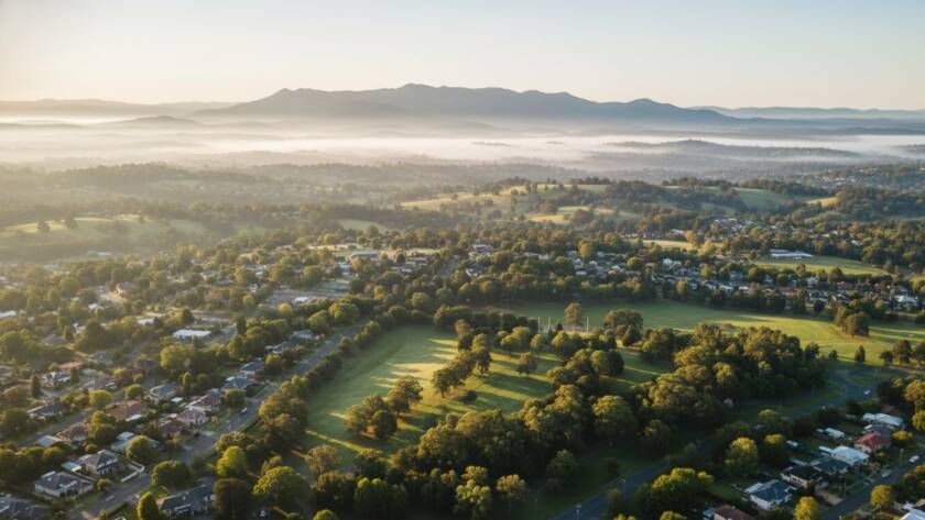 An epic drone photograph showcasing the lush green Dandenong Ranges and the sprawling suburban landscape of Heathmont, Victoria at sunrise, bathed in golden light, taken with expert Heathmont Victoria drone photography for stunning landscape views.