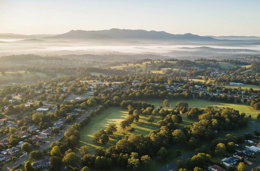 An epic drone photograph showcasing the lush green Dandenong Ranges and the sprawling suburban landscape of Heathmont, Victoria at sunrise, bathed in golden light, taken with expert Heathmont Victoria drone photography for stunning landscape views.