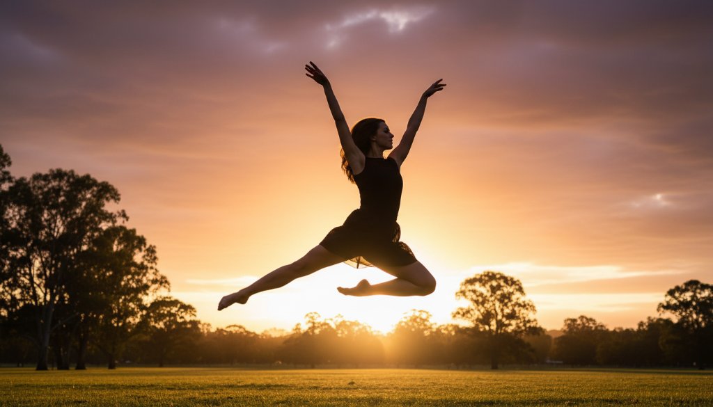 An epic moment captured in Heathmont Victoria dynamic dance photography, featuring a female dancer mid-air in a powerful, graceful leap against a soft-focus backdrop of Heathmont's leafy parks at sunset, dramatic backlighting highlighting her form and movement.