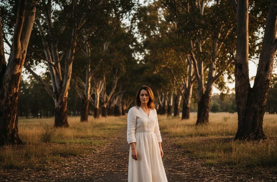 A dramatic and emotionally resonant fine art portrait capturing a subject amidst the natural beauty of Heathmont, Victoria, showcasing the ethereal quality of Heathmont Victoria fine art photography unique portraits, with golden hour light filtering through trees, creating an epic moment.