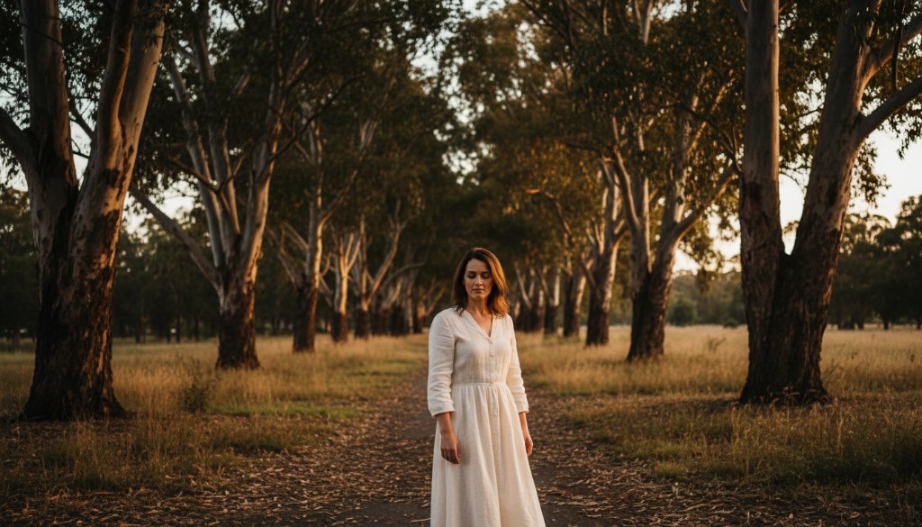 A dramatic and emotionally resonant fine art portrait capturing a subject amidst the natural beauty of Heathmont, Victoria, showcasing the ethereal quality of Heathmont Victoria fine art photography unique portraits, with golden hour light filtering through trees, creating an epic moment.