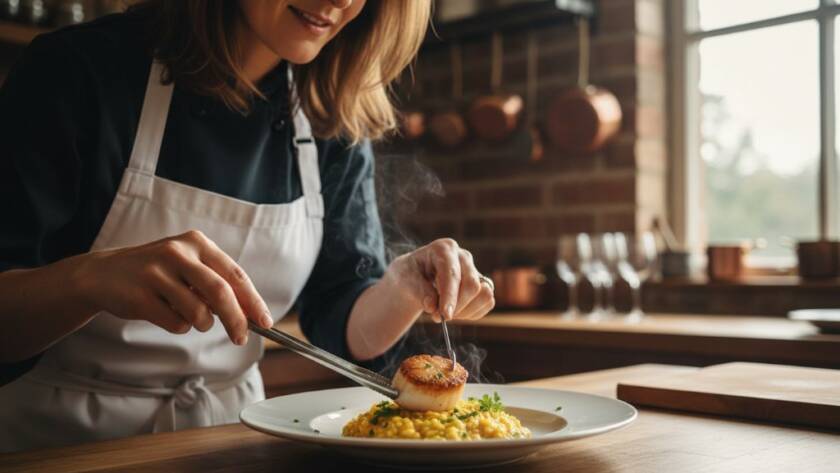 An epic moment of Heathmont's gourmet food photography elevating a local eatery, featuring a chef presenting a perfectly plated dish with dramatic backlighting and steam rising, captured by a professional photographer.