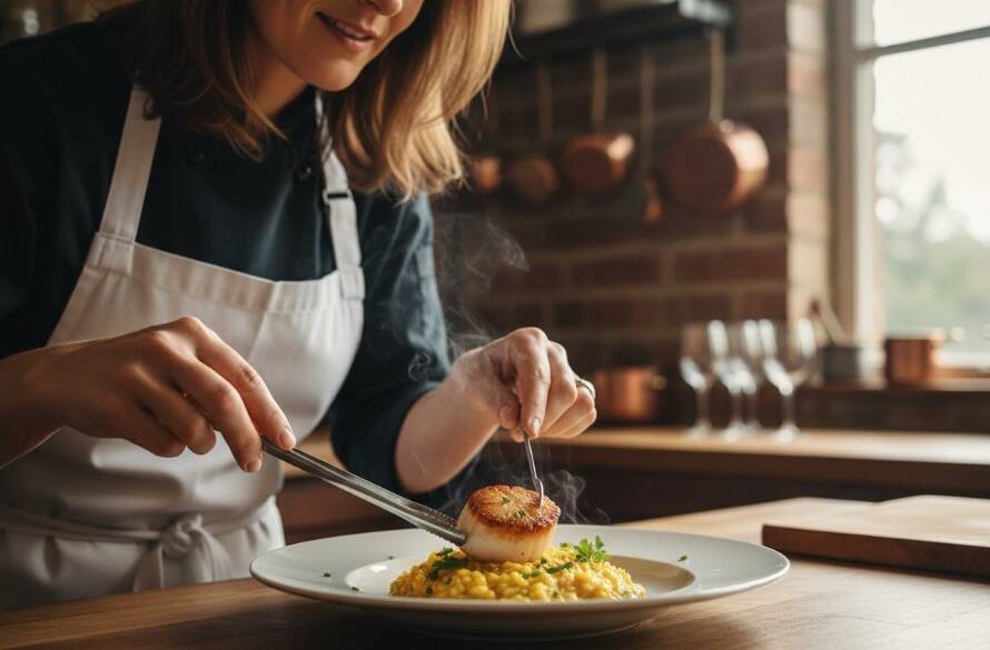 An epic moment of Heathmont's gourmet food photography elevating a local eatery, featuring a chef presenting a perfectly plated dish with dramatic backlighting and steam rising, captured by a professional photographer.