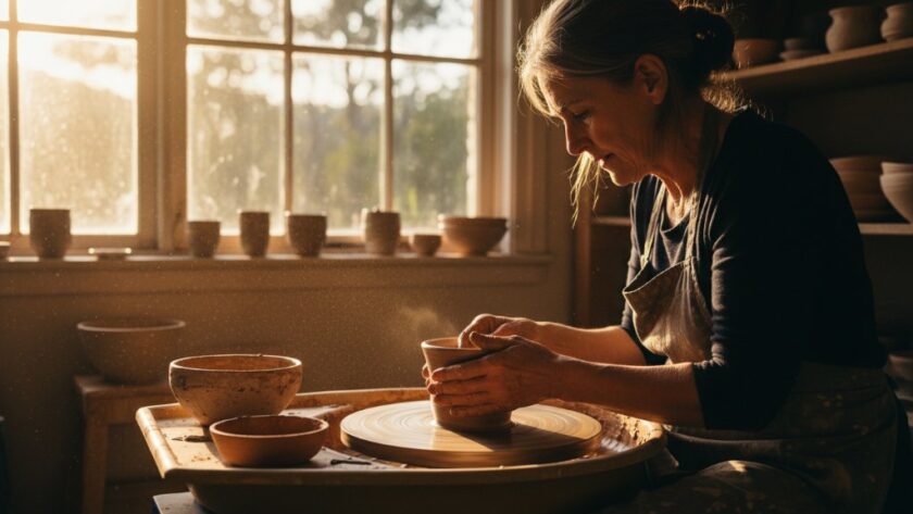 An epic moment captured in Hepburn Springs artisan brand commercial photography, featuring a local artisan carefully crafting a unique ceramic piece bathed in golden hour light within a rustic studio, evoking quality and tradition.