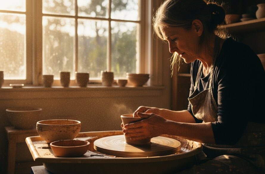 An epic moment captured in Hepburn Springs artisan brand commercial photography, featuring a local artisan carefully crafting a unique ceramic piece bathed in golden hour light within a rustic studio, evoking quality and tradition.