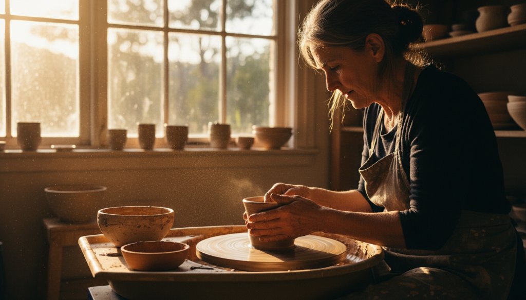 An epic moment captured in Hepburn Springs artisan brand commercial photography, featuring a local artisan carefully crafting a unique ceramic piece bathed in golden hour light within a rustic studio, evoking quality and tradition.