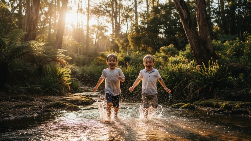 A wide shot capturing genuine Hepburn Springs candid kids photography moments as two children joyfully splash through a shallow creek in a sun-dappled forest, dramatic golden hour light filtering through trees, creating an epic and magical scene.