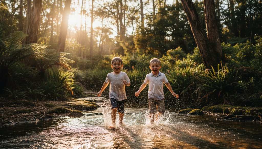 A wide shot capturing genuine Hepburn Springs candid kids photography moments as two children joyfully splash through a shallow creek in a sun-dappled forest, dramatic golden hour light filtering through trees, creating an epic and magical scene.