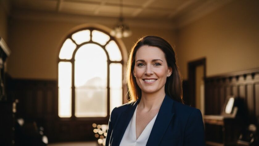 An inspiring close-up of a professional business owner in Hepburn Springs, exuding confidence and approachability, with the warm, natural light of a grand Victorian-era building interior behind them, perfectly illustrating Hepburn Springs corporate headshots capturing professionalism.