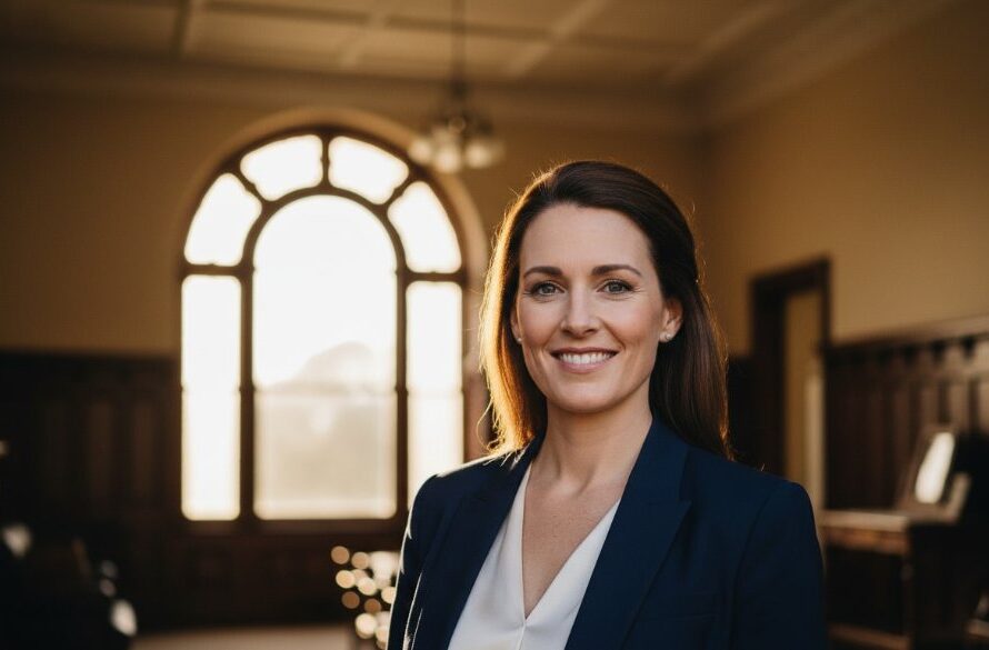 An inspiring close-up of a professional business owner in Hepburn Springs, exuding confidence and approachability, with the warm, natural light of a grand Victorian-era building interior behind them, perfectly illustrating Hepburn Springs corporate headshots capturing professionalism.
