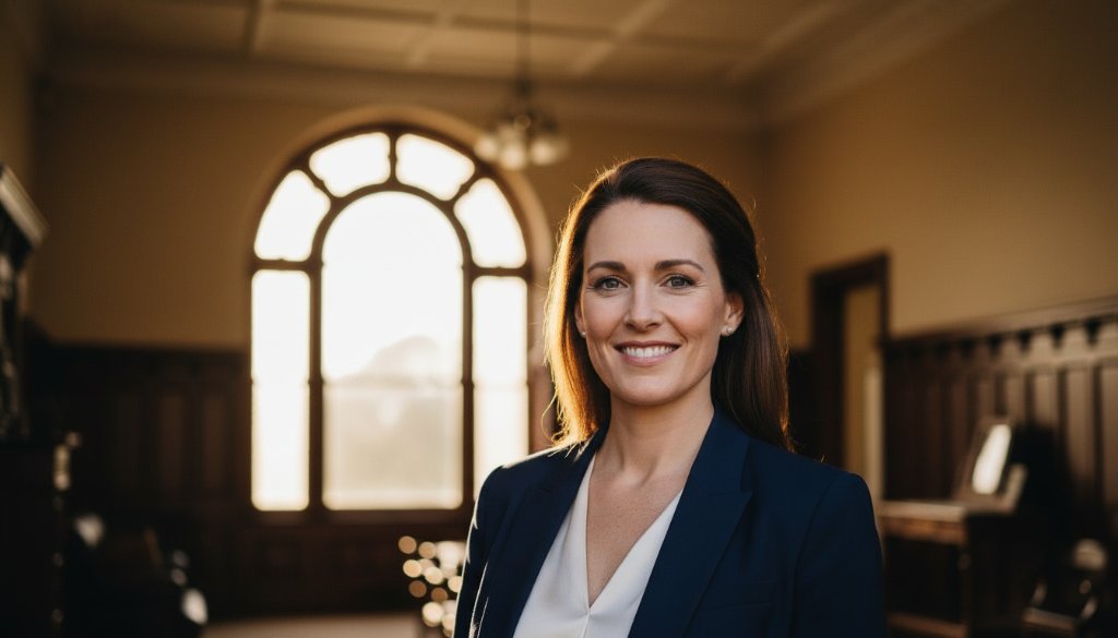 An inspiring close-up of a professional business owner in Hepburn Springs, exuding confidence and approachability, with the warm, natural light of a grand Victorian-era building interior behind them, perfectly illustrating Hepburn Springs corporate headshots capturing professionalism.