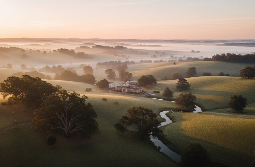 An epic drone photograph capturing the majestic, rolling green hills and dense forests of Hepburn Springs, Victoria, at sunrise, with mist rising from the valleys and a historic spa building nestled amongst the trees, highlighting the stunning aerial views only Hepburn Springs drone photography can provide. The golden light bathes the scene, creating a sense of serene grandeur.