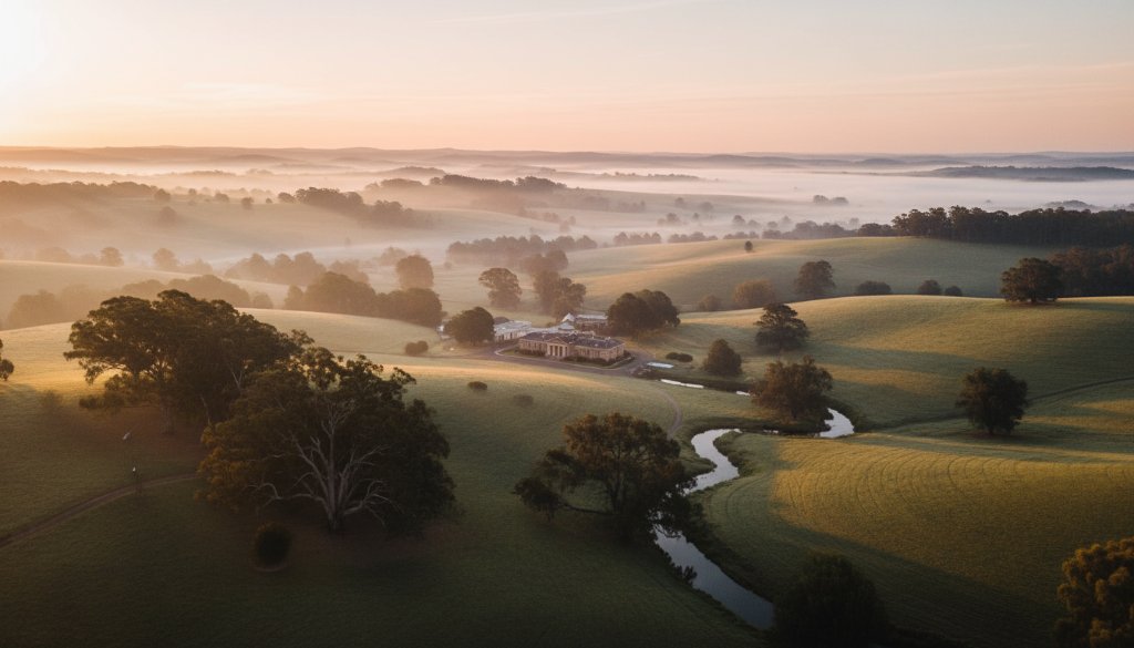 An epic drone photograph capturing the majestic, rolling green hills and dense forests of Hepburn Springs, Victoria, at sunrise, with mist rising from the valleys and a historic spa building nestled amongst the trees, highlighting the stunning aerial views only Hepburn Springs drone photography can provide. The golden light bathes the scene, creating a sense of serene grandeur.