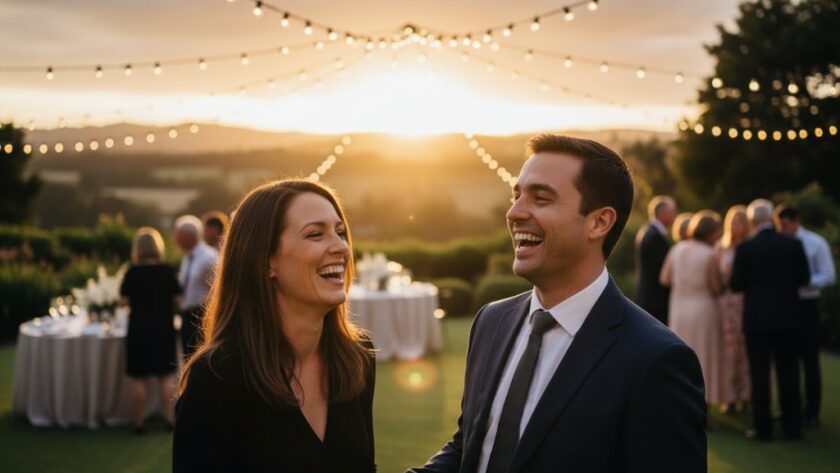 Hepburn Springs event photography unforgettable moments captured in a vibrant shot of guests celebrating under festoon lights at a twilight garden party in Hepburn Springs, Victoria.