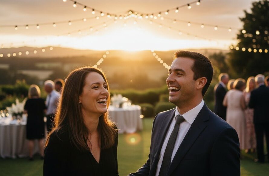 Hepburn Springs event photography unforgettable moments captured in a vibrant shot of guests celebrating under festoon lights at a twilight garden party in Hepburn Springs, Victoria.