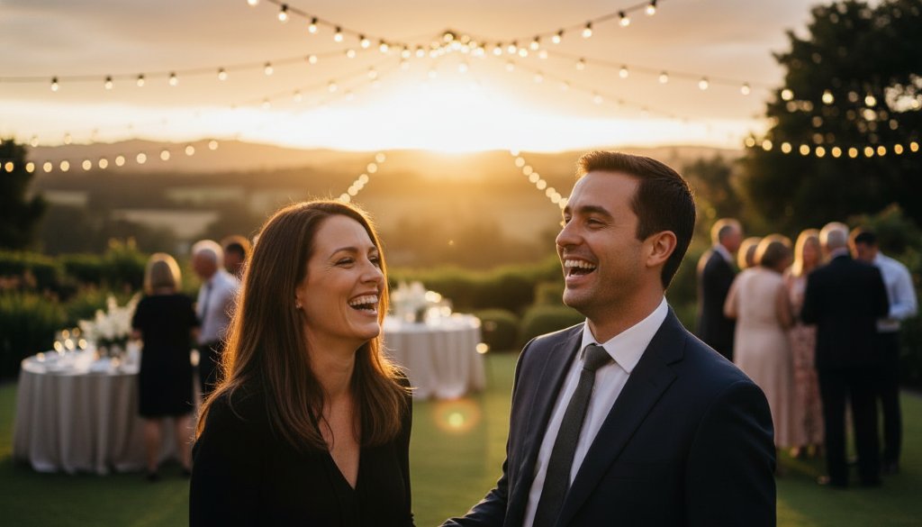 Hepburn Springs event photography unforgettable moments captured in a vibrant shot of guests celebrating under festoon lights at a twilight garden party in Hepburn Springs, Victoria.