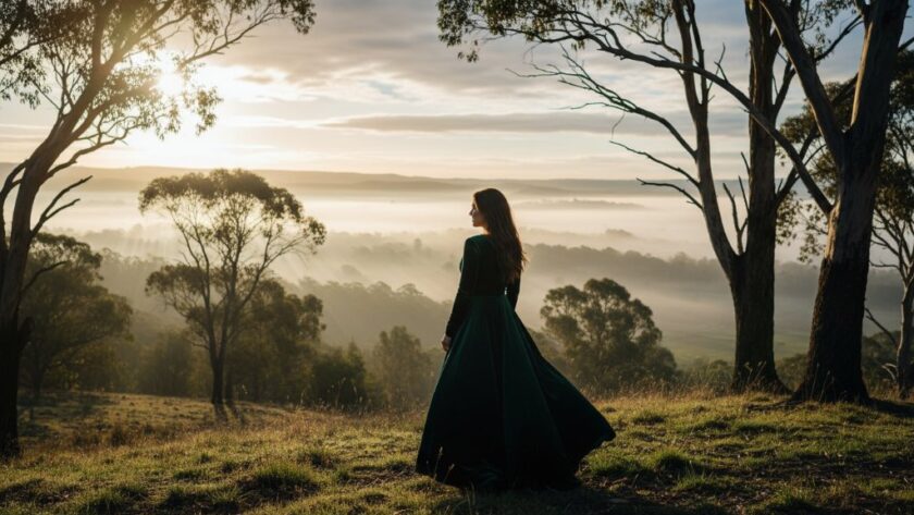 A stunning Hepburn Springs fine art portrait photography shot of a woman in an elegant flowing gown standing amidst the dramatic, misty landscape of Wombat Hill Botanic Gardens at sunrise, with golden light filtering through ancient trees, captured with a deep, cinematic colour palette.