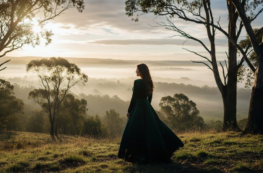 A stunning Hepburn Springs fine art portrait photography shot of a woman in an elegant flowing gown standing amidst the dramatic, misty landscape of Wombat Hill Botanic Gardens at sunrise, with golden light filtering through ancient trees, captured with a deep, cinematic colour palette.