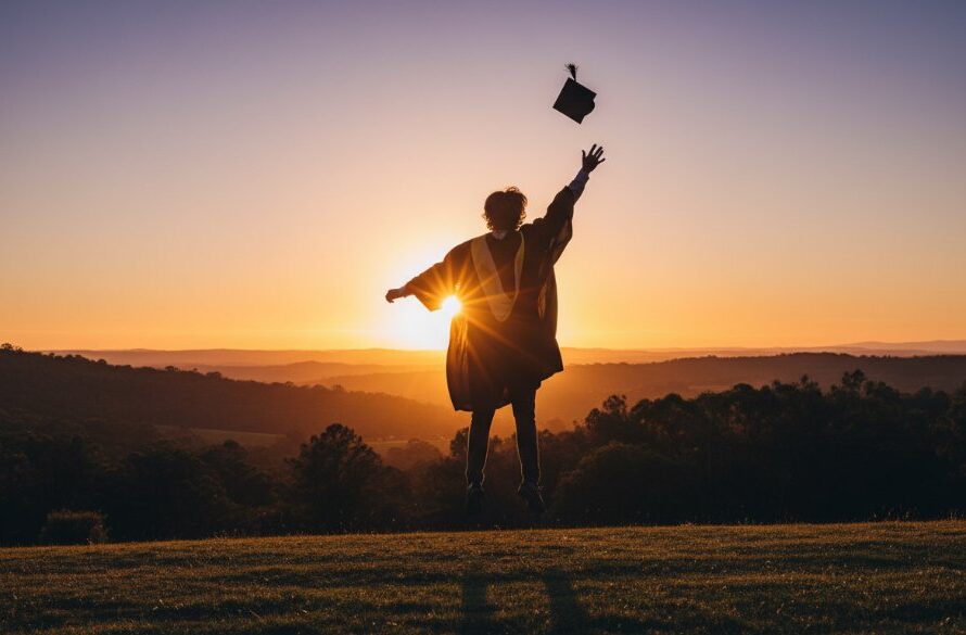 A proud graduate, cap mid-air, silhouetted against a golden sunset over the rolling hills of Hepburn Springs, celebrating their Hepburn Springs graduation photography capturing academic success Victoria with immense joy and triumph.