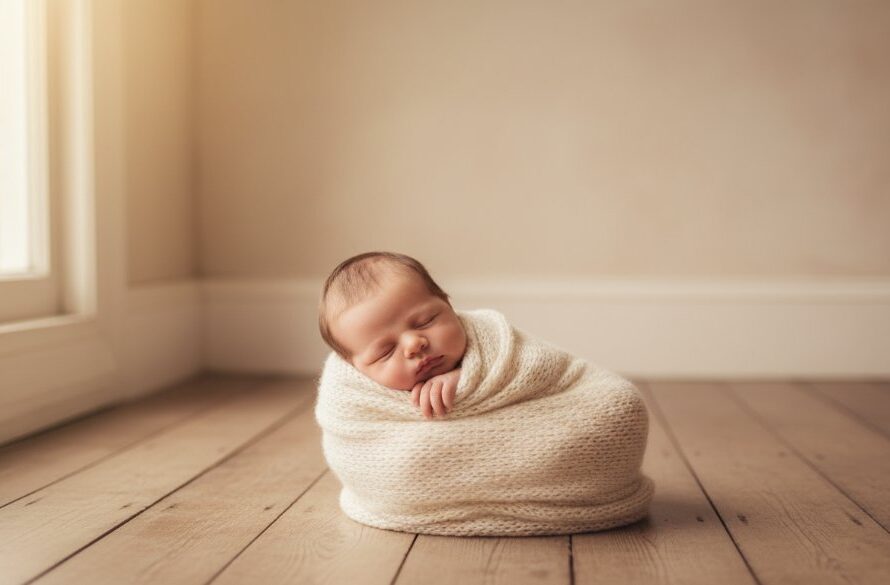 A heartwarming and serene Hepburn Springs natural light newborn photography moment, featuring a baby peacefully sleeping wrapped in a soft blanket, bathed in the gentle golden hour light filtering through tall eucalyptus trees near a historic cottage in Hepburn Springs, Victoria. The scene is professionally color-graded with a warm, ethereal glow, evoking a sense of calm and new beginnings.