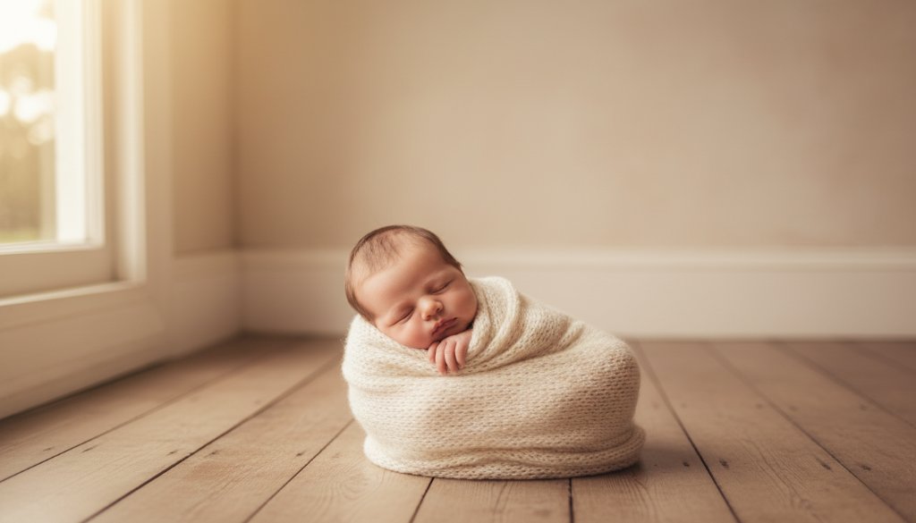 A heartwarming and serene Hepburn Springs natural light newborn photography moment, featuring a baby peacefully sleeping wrapped in a soft blanket, bathed in the gentle golden hour light filtering through tall eucalyptus trees near a historic cottage in Hepburn Springs, Victoria. The scene is professionally color-graded with a warm, ethereal glow, evoking a sense of calm and new beginnings.