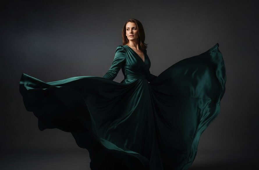 A dramatic, professionally lit Hepburn Springs studio photography for elegant portraiture of a woman in a flowing gown, captured mid-motion with soft, ethereal light highlighting her silhouette against a moody backdrop, creating an 'epic moment' of timeless beauty.