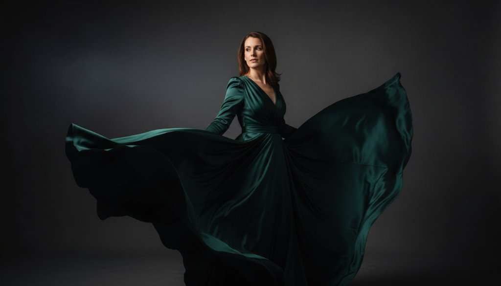 A dramatic, professionally lit Hepburn Springs studio photography for elegant portraiture of a woman in a flowing gown, captured mid-motion with soft, ethereal light highlighting her silhouette against a moody backdrop, creating an 'epic moment' of timeless beauty.