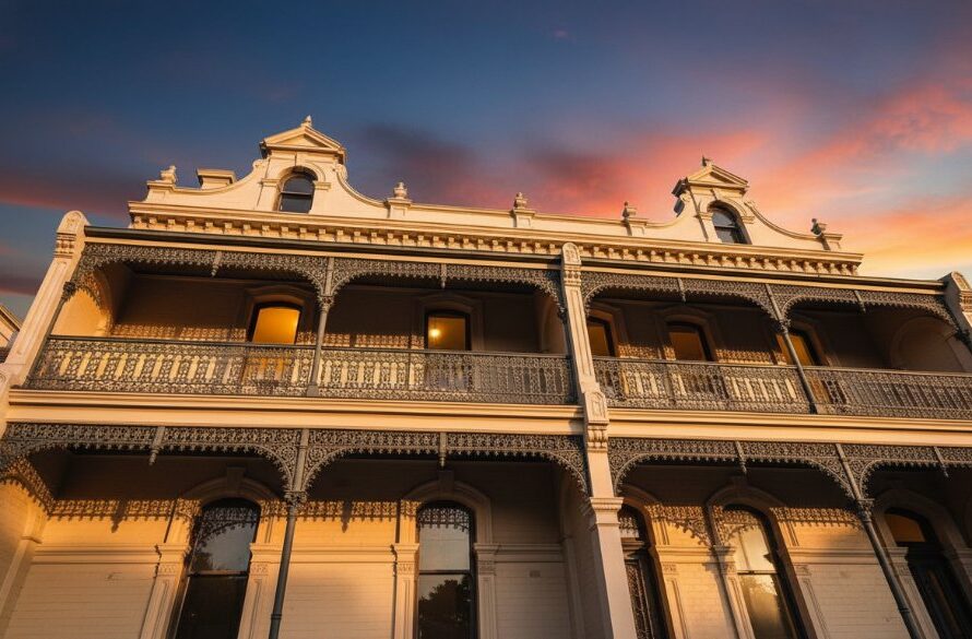 A dramatic, low-angle shot of a stunning Victorian-era building in Geelong West at dusk, with warm lights glowing from within, showcasing its intricate details and historical grandeur. This epic moment captures the essence of heritage architecture photography Geelong West.