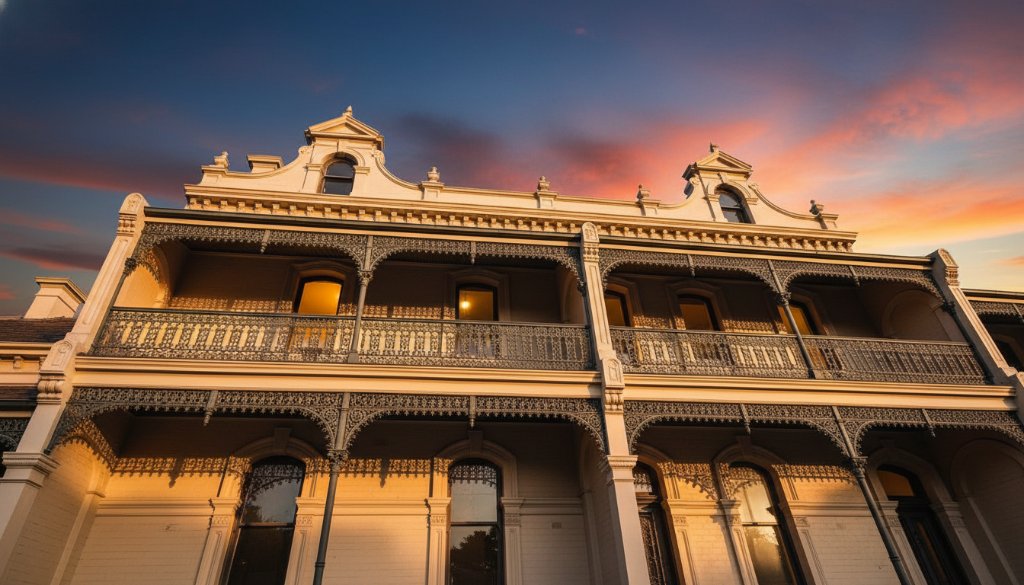 A dramatic, low-angle shot of a stunning Victorian-era building in Geelong West at dusk, with warm lights glowing from within, showcasing its intricate details and historical grandeur. This epic moment captures the essence of heritage architecture photography Geelong West.
