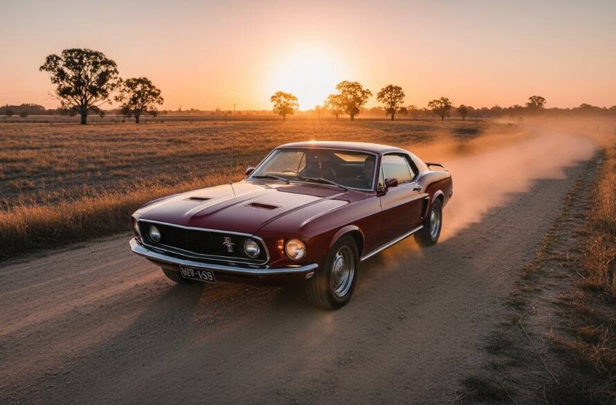 Dramatic low-angle shot of a meticulously restored vintage muscle car, bathed in the golden hour glow of a Kurunjang sunset. The powerful lines and chrome details are highlighted against a rural Victorian landscape, embodying the spirit of heritage car photography Kurunjang sunset, professionally captured.