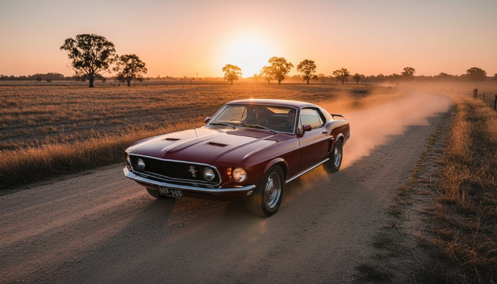 Dramatic low-angle shot of a meticulously restored vintage muscle car, bathed in the golden hour glow of a Kurunjang sunset. The powerful lines and chrome details are highlighted against a rural Victorian landscape, embodying the spirit of heritage car photography Kurunjang sunset, professionally captured.