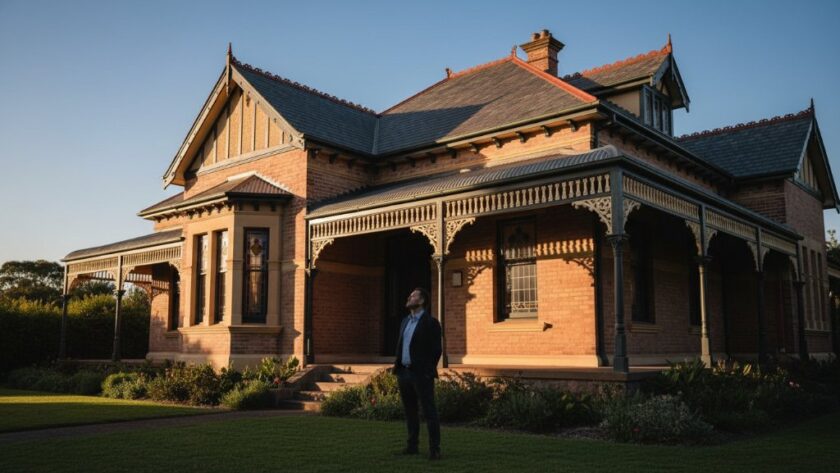 Dramatic evening shot showcasing intricate Herne Hill architectural detail photography Melbourne on a historic building facade, bathed in golden hour light, with a lone artisan admiring the craftsmanship from a distance, conveying timeless beauty.