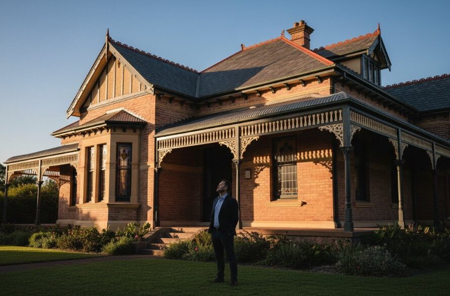 Dramatic evening shot showcasing intricate Herne Hill architectural detail photography Melbourne on a historic building facade, bathed in golden hour light, with a lone artisan admiring the craftsmanship from a distance, conveying timeless beauty.