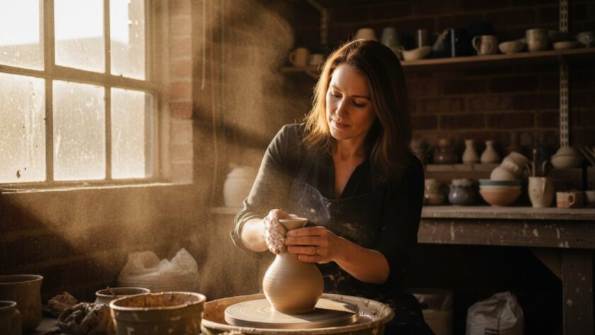An 'epic moment' photograph showcasing professional Herne Hill Commercial Photography for Geelong Businesses, featuring a local Herne Hill artisan proudly presenting their handcrafted product in a rustic workshop bathed in golden hour light, demonstrating brand authenticity and quality.