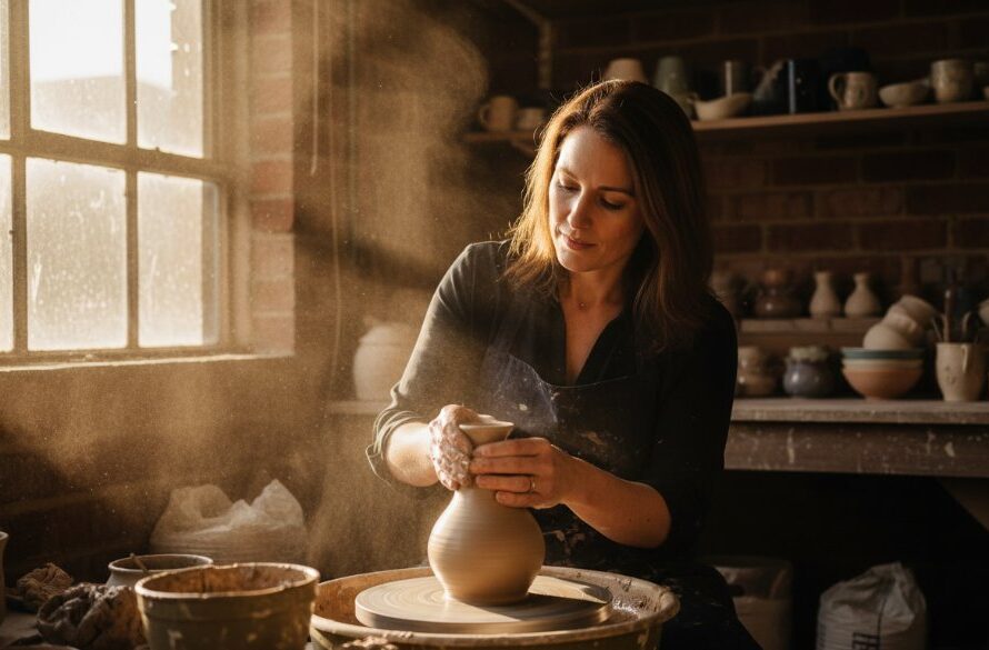 An 'epic moment' photograph showcasing professional Herne Hill Commercial Photography for Geelong Businesses, featuring a local Herne Hill artisan proudly presenting their handcrafted product in a rustic workshop bathed in golden hour light, demonstrating brand authenticity and quality.