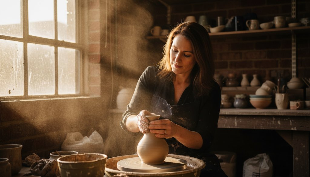 An 'epic moment' photograph showcasing professional Herne Hill Commercial Photography for Geelong Businesses, featuring a local Herne Hill artisan proudly presenting their handcrafted product in a rustic workshop bathed in golden hour light, demonstrating brand authenticity and quality.