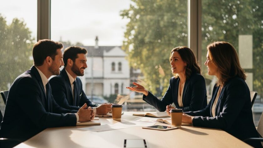 Dynamic, professionally lit Herne Hill corporate photography Geelong businesses thrive portrait of a diverse team collaborating in a modern office space, showcasing professionalism and a vibrant work culture, with dramatic lens flare and crisp details.