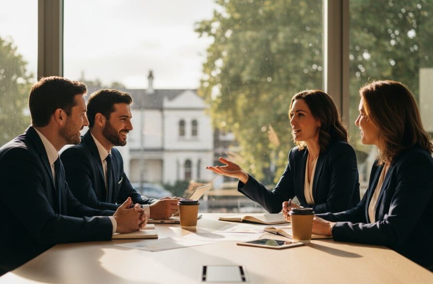 Dynamic, professionally lit Herne Hill corporate photography Geelong businesses thrive portrait of a diverse team collaborating in a modern office space, showcasing professionalism and a vibrant work culture, with dramatic lens flare and crisp details.